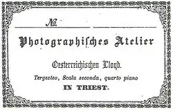Etikett für Fotografien des Lloyd-Ateliers im Tergesteum (um 1857)