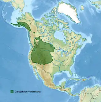 Topografische Karte Nordamerikas mit grün eingezeichneter Verbreitung