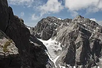 Im rechten Bilddrittel der Piz Zuort. In der Bildmitte der 3 m höhere Piz da la Crappa, darunter der Vadret da Zuort (Zuort-Gletscher). Aufnahme vom Piz Pisoc aus.