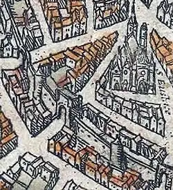 Porte Montmartre auf dem Stadtplan von Braun und Hogenberg (um 1530).