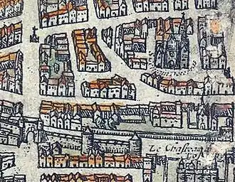 Porte Saint-Honoré (unten links im Bild) der Stadtmauer Philipp II. um 1530 (Stadtplan von Braun und Hogenberg).