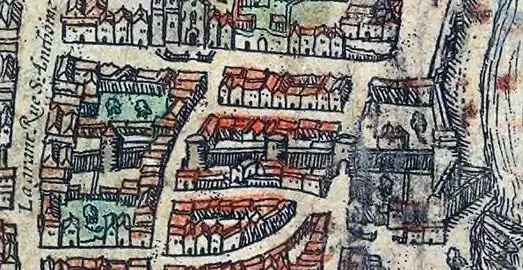 Auf diesem Teil des Stadtplans von Braun und Hogenberg sind die Poterne Saint-Paul von links in der zweiten Straße senkrecht und die Poterne des Barrés in der Straße ganz rechts zu sehen.