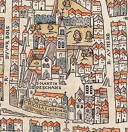Saint-Martin-des-Champs und sein Gelände auf dem Plan von Truschet und Hoyau (um 1550).