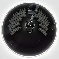 Kuppelsaal eines Planetariums mit unidirektionaler Sitzanordnung. In der Mitte befindet sich das Projektionssystem, bestehend aus einem Sternprojektor und einer Fulldome-Video-Anlage.