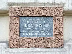 Gedenktafel am letzten Wohnhaus Jura Soyfers, Heinestraße&nbsp;4, Wien-Leopoldstadt