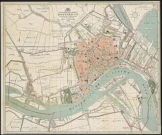 Die Ausdehnung der Stadt 1884 mit der umgestalteten Flussinsel zum Hafen- und Industriegebiet