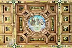 Posieux – Chapelle votive du Sacré-Cœur de Jésus (Alphonse Andrey, 1911–1924): Innenansicht, Detail Kassettendecke: Médaillon (Oscar Cattani, 1923-1929-1931)