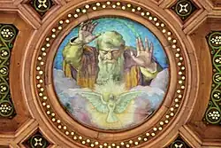 Posieux – Chapelle votive du Sacré-Cœur de Jésus (Alphonse Andrey, 1911–1924): Innenansicht, Detail Kassettendecke: Médaillon (Oscar Cattani, 1923-1929-1931)