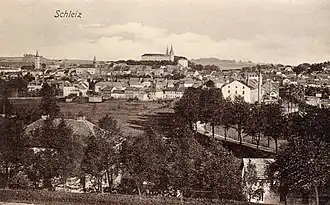 Schleiz (1908), im Hintergrund das Schloss, damals Residenz des Fürstentums Reuß jüngerer Linie