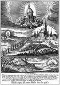 Gravur von Bohuslav Balbín aus dem Jahre 1658 mit der Wallfahrtskirche und der Diva Turzanensis