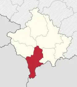 Lage des Bezirks im Kosovo (anklickbare Karte)