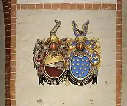 Doppel-Wappen der Epitaphstifter in der Dorfkirche Proseken, Barthold Dietrich von Negendanck und seiner Gattin Catharina Elisabeth von Bülow (1733)