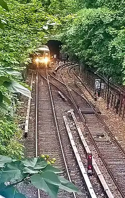 Blick von einer Brücke in den Einschnitt mit zwei Gleisen. Niedrige Stützmauern rechts und links sind oben reichhaltig grün bewachsen. In der Bildmitte ein Gleiswechsel. Das linke Gleis führt geradewegs zu einem Tunnel, das rechte Gleis folgt einem eng wirkenden Bogen nach rechts und verschwindet dann aus dem Sichtfeld. Ein U-Bahn-Zug mit weißen Scheinwerfern kommt auf dem linken Gleis in Richtung des Fotografierenden gefahren.