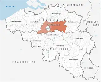 Lage der Provinz Flämisch-Brabant innerhalb Belgiens hervorgehoben