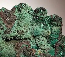 Klassische traubig-nierige Pseudomalachit-Aggregate aus der Lagerstätte Mednorudjanskoe bei Nischni Tagil im Ural, Russland (Größe:&nbsp;4,3&nbsp;cm&nbsp;×&nbsp;3,7&nbsp;cm&nbsp;×&nbsp;2,2&nbsp;cm)