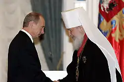 Patriarch Kyrill I. mit weißem Kamilavkion 2006 in Moskau