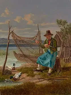 Netze flickender Fischer am See, Öl auf Leinwand