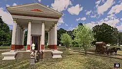 Außenansicht mit Säulen, Treppe und Eingang des Tempels aus der 3D-Animation des nach den Befunden rekonstruierten Aussehens