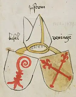 Wappen des Bistums Basel unter Bischof Johann&nbsp;V. von Venningen, r. 1458–1478, aus dem Wappenbuch des St.&nbsp;Galler Abtes Ulrich Rösch (1474)