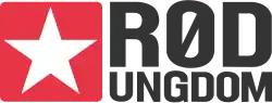 Logo, bei dem im linken Drittel ein weißer Stern auf rotem Hintergrund ist und im rechten Bereich in Schwarz der Schriftrung „Rød Ungdom“ steht