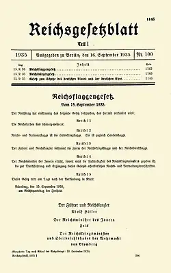 Titelseite des Reichsgesetzblatt Teil I Nr. 100: Nürnberger Gesetze