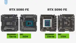 Links sieht man die Leiterbahnplatte bzw. PCB der RTX 5080 von unten, rechts daneben von oben. Auf der rechten Bildhälfte die spiegelverkehrte Anordnung der RTX 5090