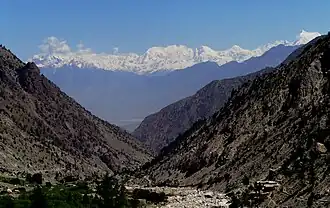 Rakaposhi-Haramosh-Massiv von Süden; Phuparash halbrechts; Malubiting am rechten Bildrand