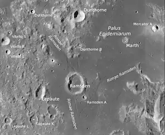 Dunthorne (oben Mitte) und Umgebung (LROC-WAC)