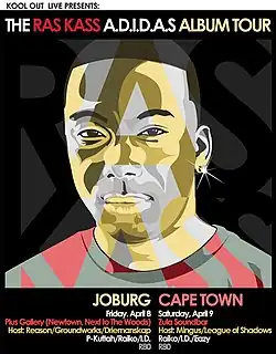 Werbeplakat für eine Südafrika-Tournee, mit dem stilisierten Porträt Ras Kass’