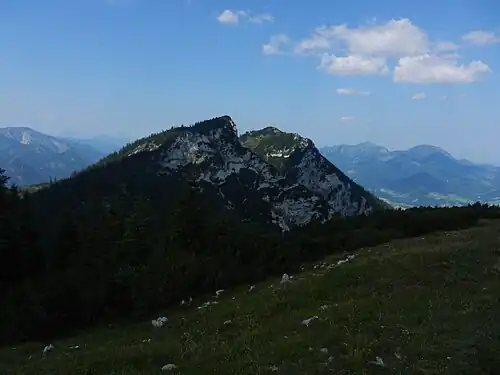 Blick vom Streicher nach Westen zum Hinteren Rauschberg (1671&nbsp;m) und zum Roßgassenkopf (1650&nbsp;m)