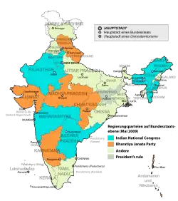 Regierungsparteien auf Bundesstaatsebene unmittelbar nach der Wahl 2009 und vor der Wahl 2014 ﻿Indischer Nationalkongress ﻿Bharatiya Janata Party ﻿Andere ﻿President’s rule
