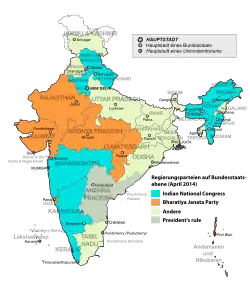 Regierungsparteien auf Bundesstaatsebene unmittelbar nach der Wahl 2009 und vor der Wahl 2014 ﻿Indischer Nationalkongress ﻿Bharatiya Janata Party ﻿Andere ﻿President’s rule