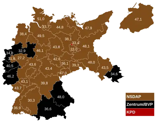 Juli 1932 – Stimmenstärkste Parteien nach Wahlkreisen (angegeben ist jeweils der Prozentanteil der stärksten Partei)