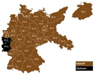 März 1933 – Stimmenstärkste Parteien nach Wahlkreisen (angegeben ist jeweils der Prozentanteil der stärksten Partei)
