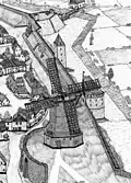 Rekonstruktion der Windmühle auf dem Windmühlenberg und der Stadtmauer mit dem Wißstraßentor oben um 1772.