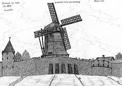 Rekonstruktion der Windmühle auf dem Windmühlenberg von der Südseite um 1803. Der rote Turm rechts ist schon bis auf die Stadtmauer abgebrochen.