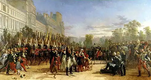 Napoleon III. bei der Rückkehr aus dem Italienfeldzug 1859 (Links Kürassiere, im Vordergrund einige Grenadiere und Rechts vorne ein Jäger zu Pferde der Garde)