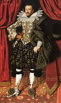 Edward Sackville, Earl of Dorset, mit auffälligen schwarzen Strumpfbändern, William Larkin zugeschrieben, Großbritannien, 1613