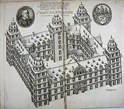 Vierflügelanlage als Geviert: Schloss Johannisburg, Aschaffenburg (Schauzeichnung von 1611)