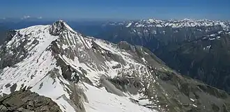 Schwarzbrunnerkees, Hoher Riffler, Friesenbergscharte (vorn), Friesenbergkees, Untere Rifflerscharte, Kleiner Riffler, Friesenbergsee, Petersköpfl, Friesenberghaus, Tristner, Ahornspitze, Reichenspitzgruppe, Großvenediger (von links nach rechts, Juni 2023)