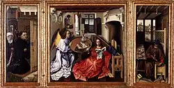 Mittelalter: In dem religiösen Bild sind Architektur, Genre, Interieur, Porträt und Stillleben als latente Bildgattungen vorhanden. Robert Campin: Mérode-Triptychon, etwa 1427 bis 1432.