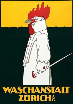 Der rot-weisse Hahn, Markenzeichen der «Wöschi», entworfen von Robert Hardmeyer, 1905