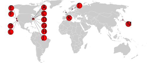 Historische Root-Server-Karte vor dem Einsatz von Anycast