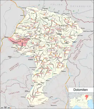 Rosengartengruppe in Rot auf der Karte der Dolomiten