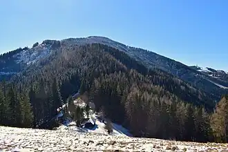 Blick vom „Kleinen Roßeck“ über die Roßeckhütte nach Westen zum Gipfel