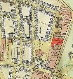 Das Rote Kolleg markiert auf einem Plan von 1749