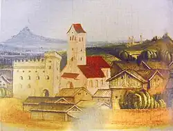 Stadtpfarrkirche vor der Ruine der ersten Tölzer Burg (ca. 1490)