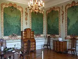 Jagdzimmer mit bemalten Tapeten aus Schloss Ostrau bei Bitterfeld in Sachsen-Anhalt, um 1720/1730