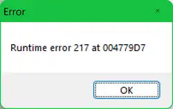 Der Screenshot zeigt eine Fehlermeldung mit dem Text „Runtime error 217 at 004779D7“