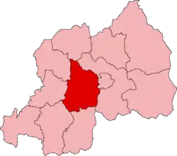 Lagekarte der ehemaligen Provinzen Ruandas mit Vorhebung der zentral bis westlich gelegenen Provinz Gitarama